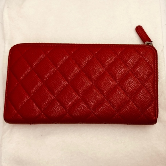 AUTH - Chanel Quilted Caviar Leather Zip around Long Wallet - Red - Good Used - Picture 2 of 16